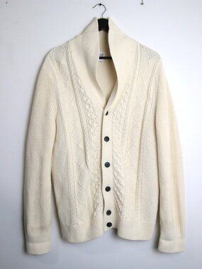 Gap Men's Cable-Knit Button Down Cream Cotton Cardigan Sweater Size Large